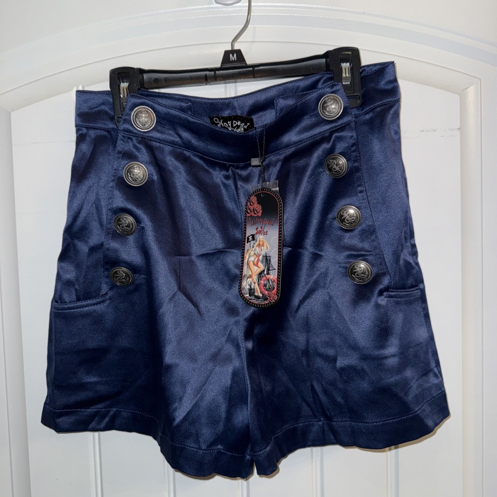 Living Dead Souls Pin Up Girl Sailor Shorts Medium Navy Blue Satin Style NWT